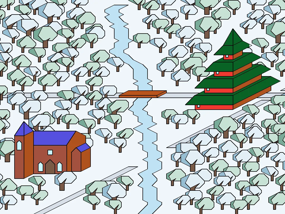 First Snow — snow landscape, 2 landmarks